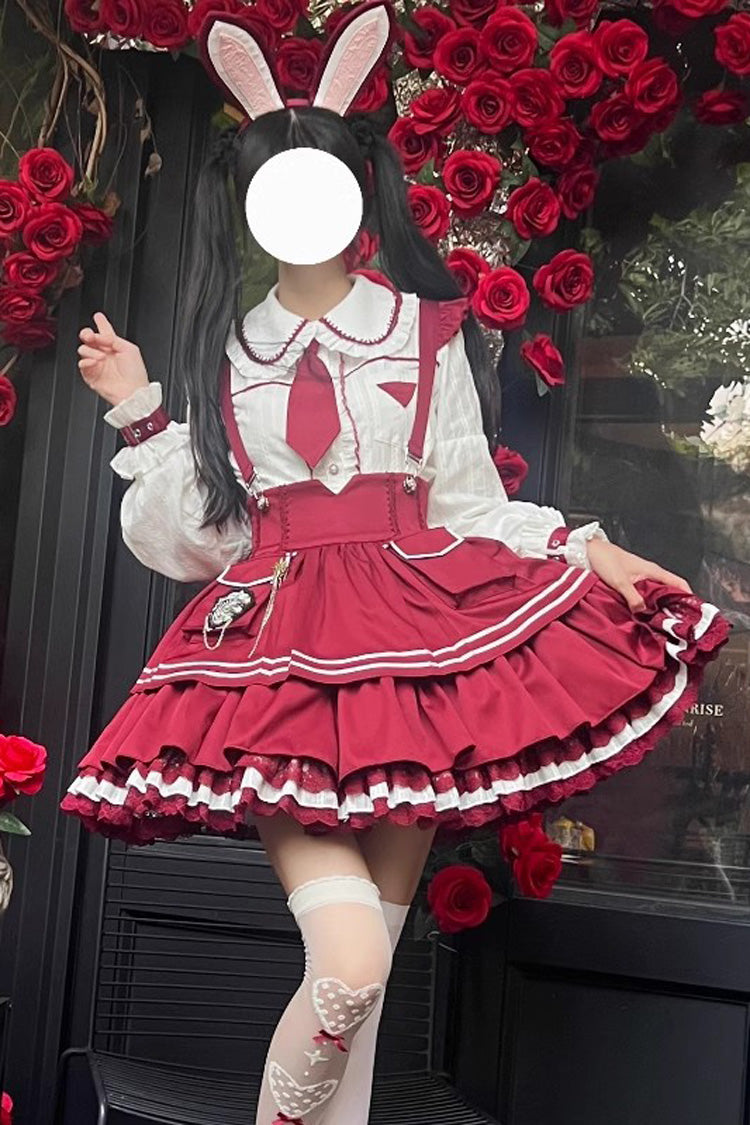 Officer Rabbit Multi-layer Ruffle Sweet Lolita Strap Dress 4 Colors - Wine - 4