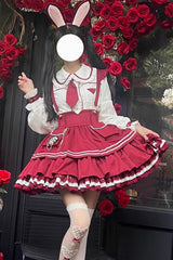 Officer Rabbit Multi-layer Ruffle Sweet Lolita Strap Dress 4 Colors - Wine - 4