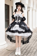 Black/White [Rose Of The Night Sea And Starry Sky] Off Shoulder Multi-Layered Ruffle Embroidery Sweet Lolita Dress - Product - 4