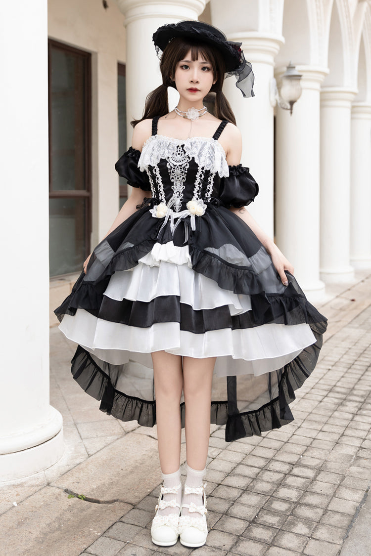 Black/White [Rose Of The Night Sea And Starry Sky] Off Shoulder Multi-Layered Ruffle Embroidery Sweet Lolita Dress - Product - 4