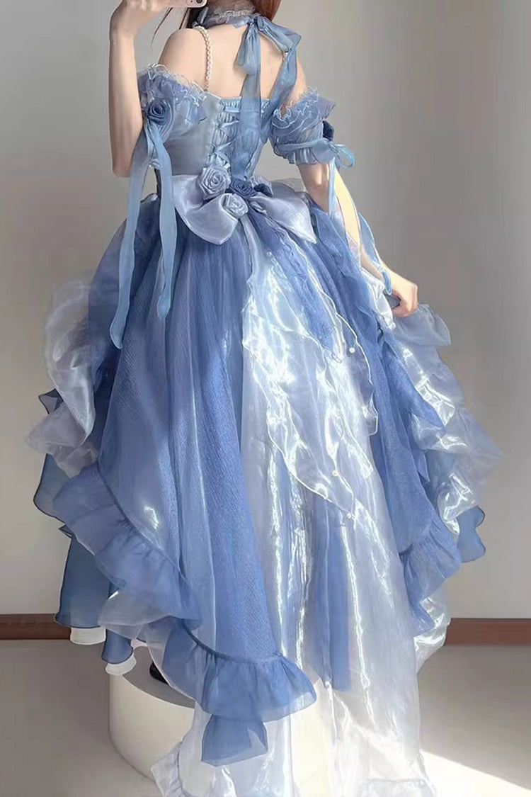 Blue Short Sleeves Hanayome Bowknot Sweet Elegant Princess Lolita Dress - Product - 5