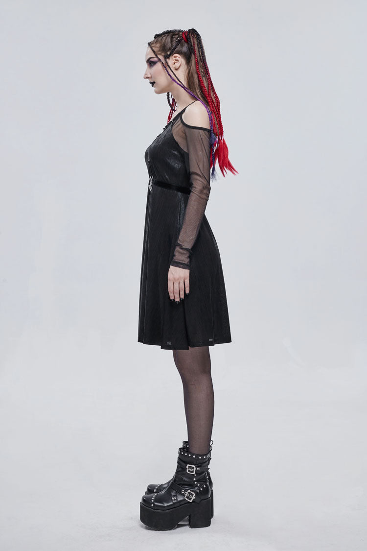 Black Stretch Knit Patchwork Fine Mesh V Neck Cross Tie Metal Pentagram Buckle Strap Women's Punk Dress - Product - 5
