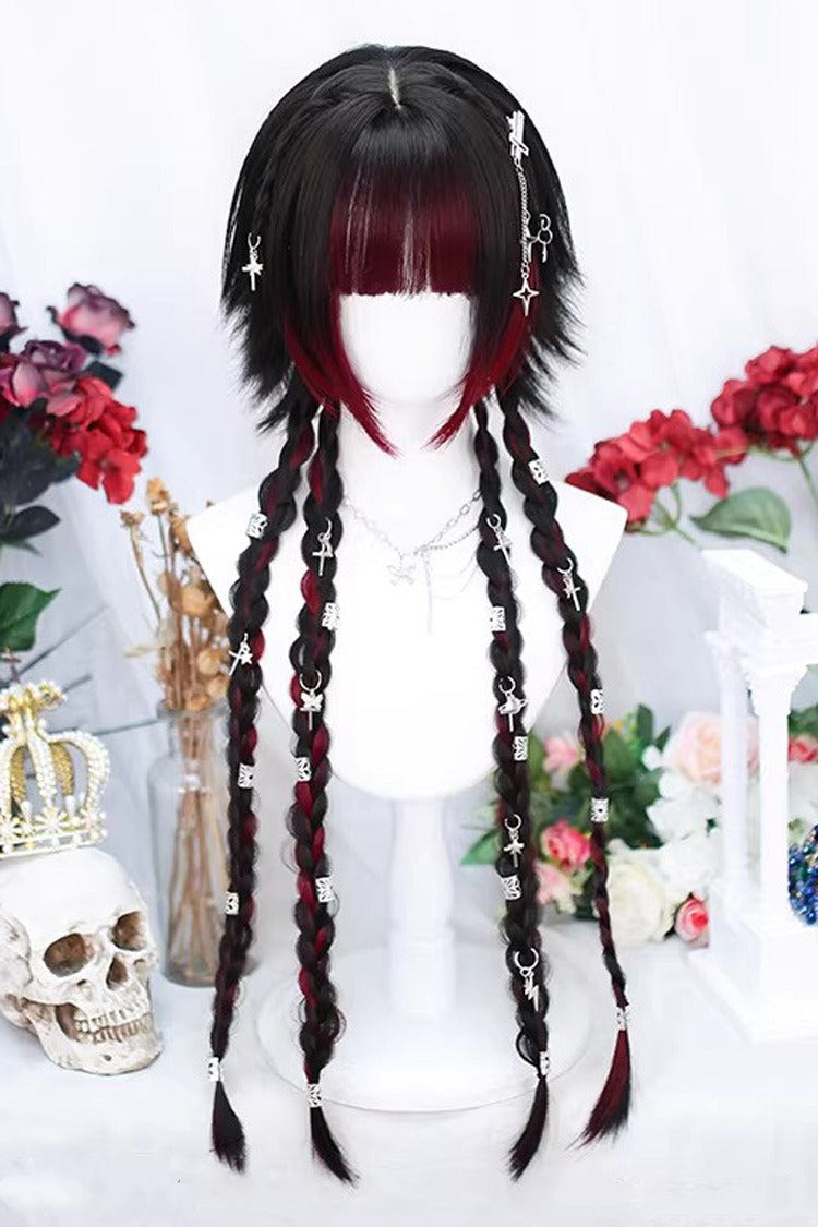 Japanese Style Highlight Trendy Girl Long Braided Sweet Lolita Wig 4 Colors - Dark-Red/Black - 4