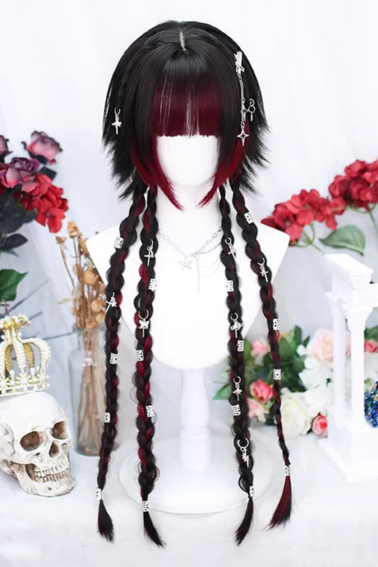 Japanese Style Highlight Trendy Girl Long Braided Sweet Lolita Wig 4 Colors - Dark-Red/Black - 4