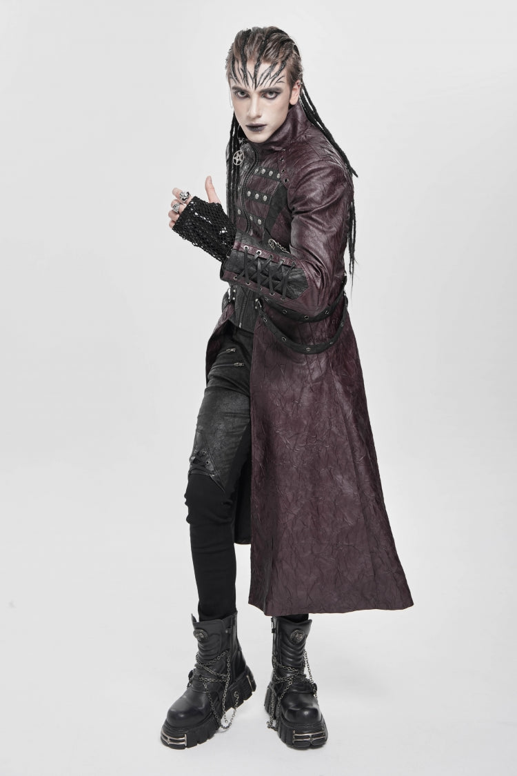 Red Stand Collar Zipper Straps Eyelet Men's Punk Coat - Product - 4