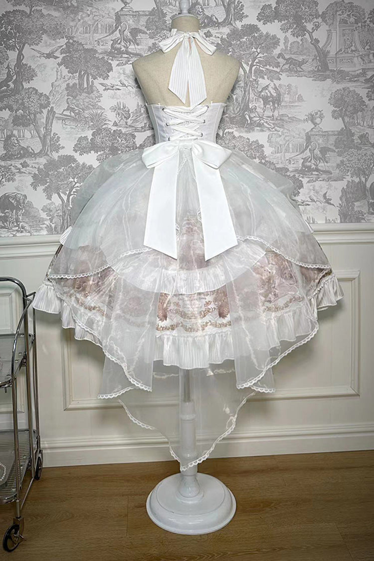 White [The Mystery of The Doll] Halterneck Print Ruffle Bowknot Drawstring Gothic Lolita Dress - Product - 12