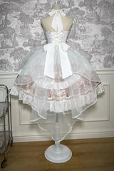 White [The Mystery of The Doll] Halterneck Print Ruffle Bowknot Drawstring Gothic Lolita Dress - Product - 12