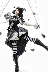 Black [Weird Toy Box] Circus Clown Halloween Print Ruffle Embroidery Asymmetric Gothic Ouji Lolita Full Set - Product - 5