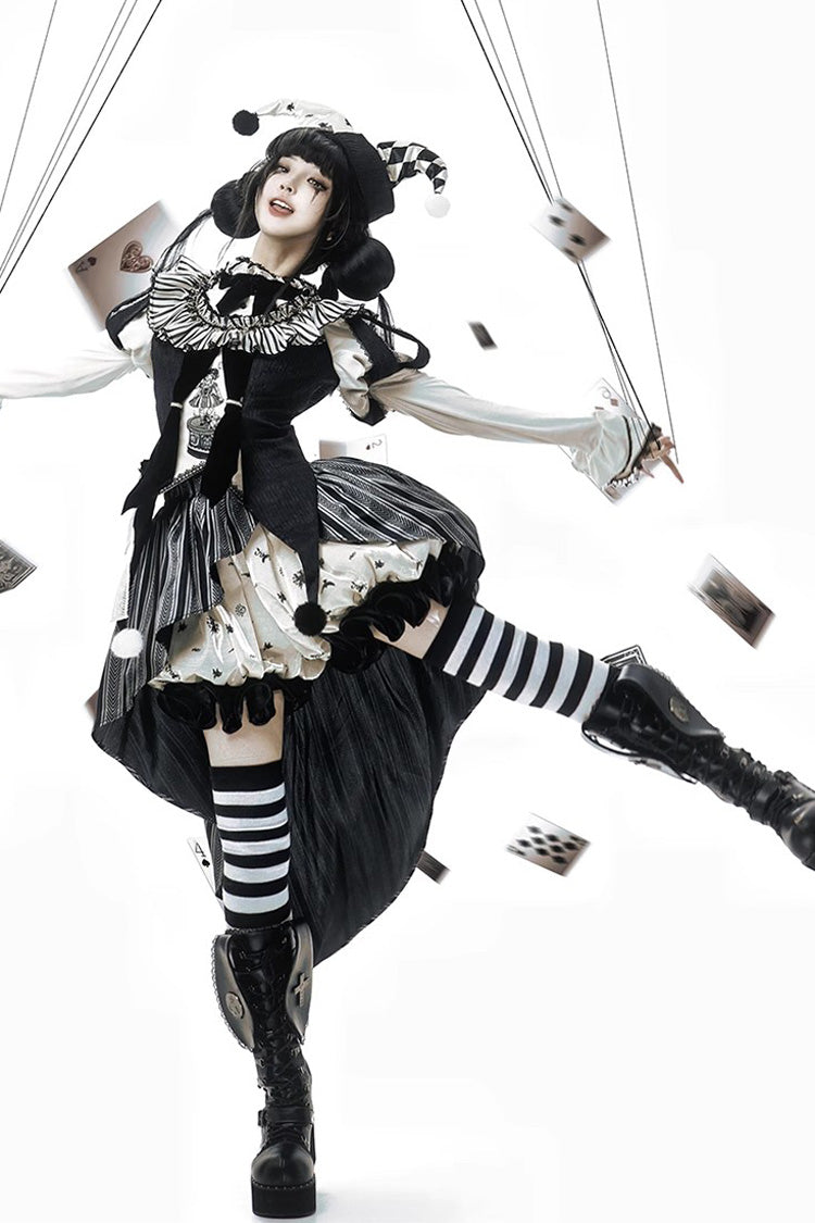 Black [Weird Toy Box] Circus Clown Halloween Print Ruffle Embroidery Asymmetric Gothic Ouji Lolita Full Set - Product - 5