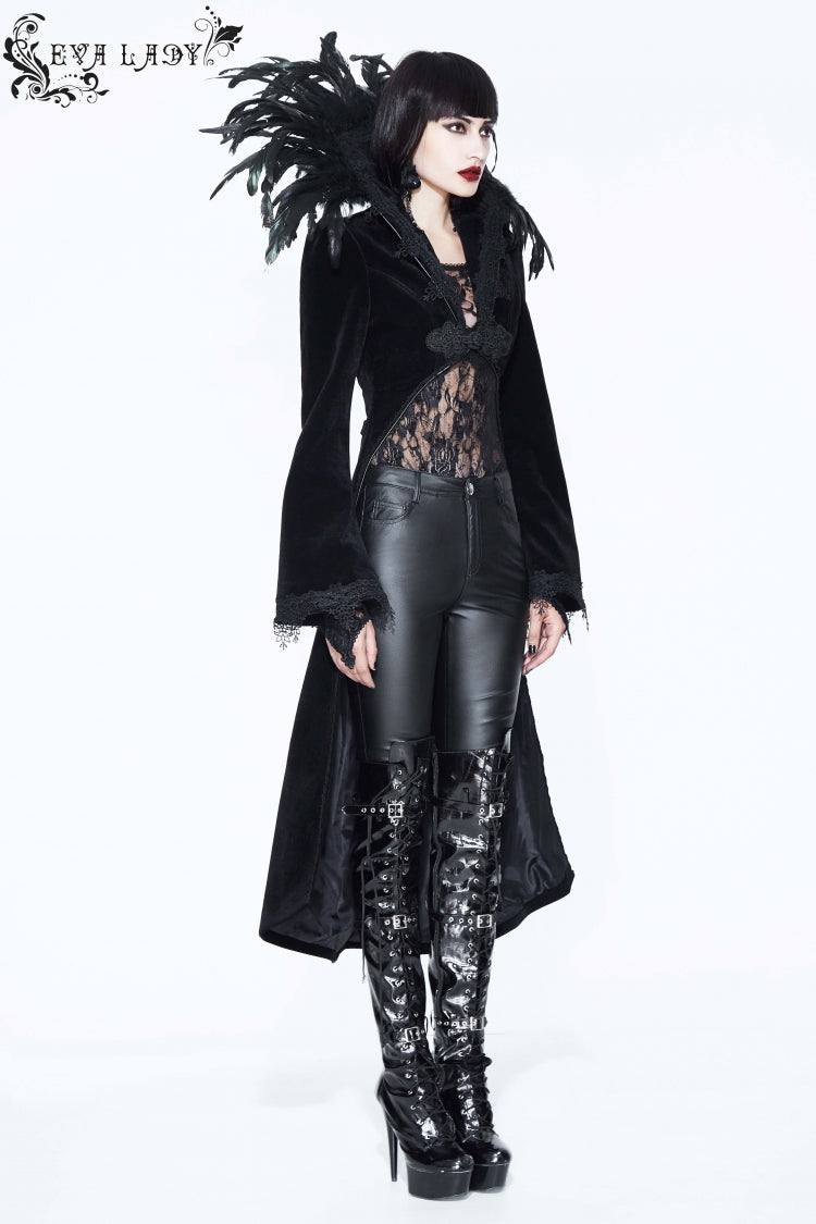 Black Feathered Collar Long Sleeves Bowknot Women's Gothic Tailcoat - Product - 6