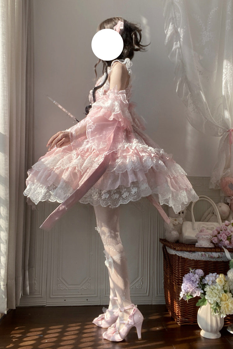 Pink [Spring Waters Reflecting Pear Blossoms] Ruffled Embroidered Open-Front Bow Lace Sweet Lolita Jsk Dress - Product - 7