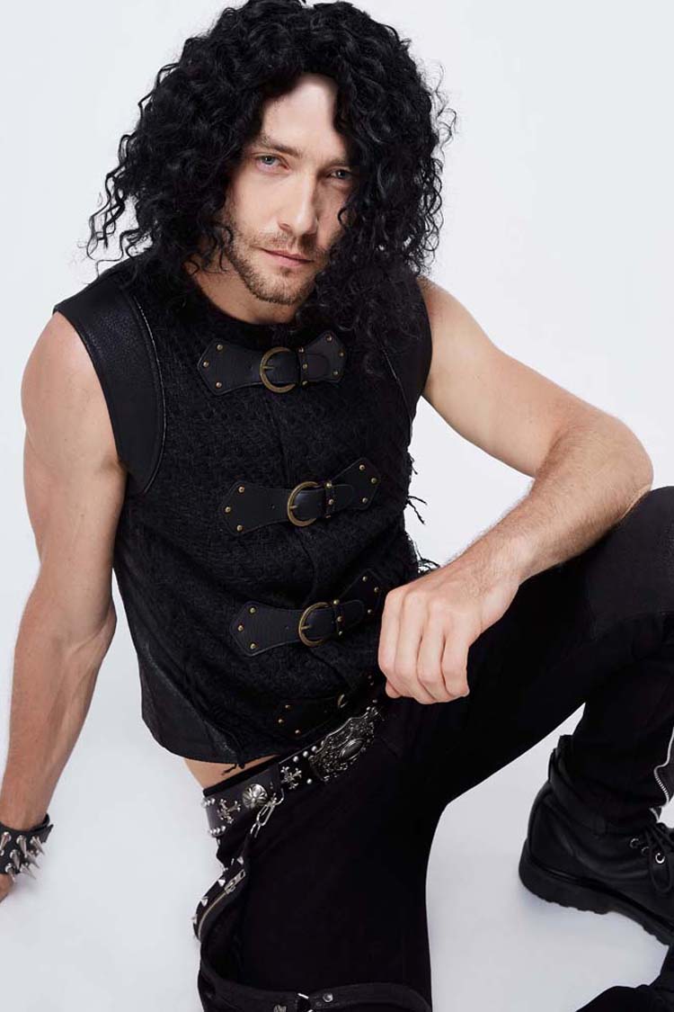 Black Coarse Texture Woolen Patchwork Heat Seal Backing Leather Loop Rough Selvage Men's Punk Waistcoat - Product - 3