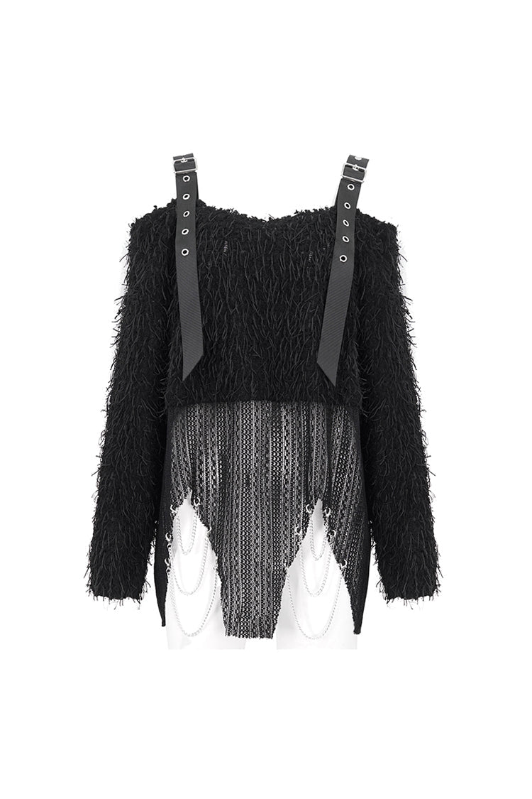 Black Irregular Off Shoulder Fluffy Women's Punk Sweater - Product - 7