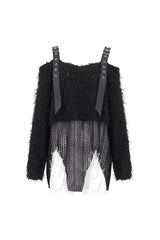 Black Irregular Off Shoulder Fluffy Women's Punk Sweater - Product - 7