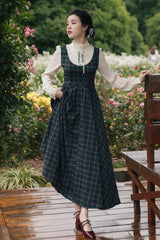 Dark Green Vintage Plaid Print Embroidery Fake Two Pieces High Waisted Classic Lolita Dress - Product - 4