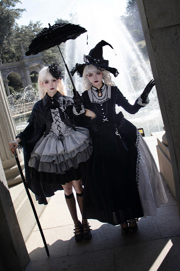 Black/Grey Witch Long Sleeves Gradient Multi-Layered Ruffle Bowknot Lace Gothic Chinese Style Lolita Dress - Product - 7