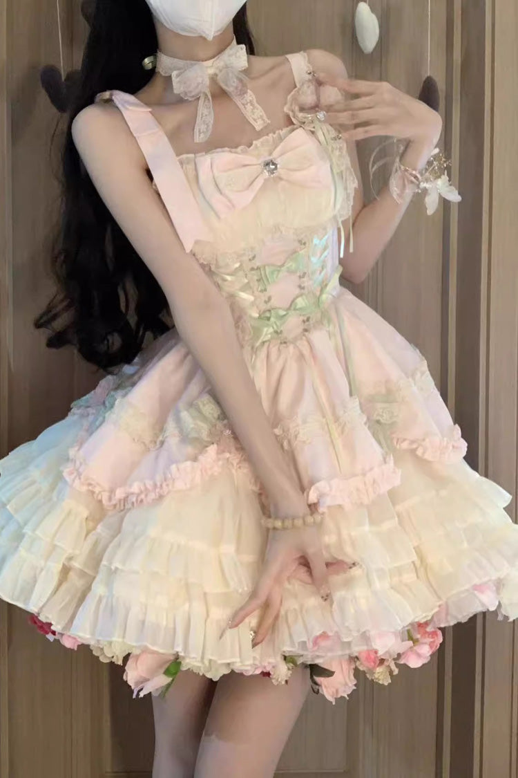 Pink/Ivory Ballet Style Garden Multi-layer Ruffle Bowknot Lace Sweet Lolita Jsk Dress - Product - 3