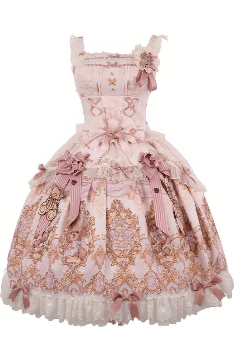 Pink [Antique Teddy Bear] Sleeveless Printed Bow Lace Sweet Elegant Lolita Jsk Dress - Product - 3