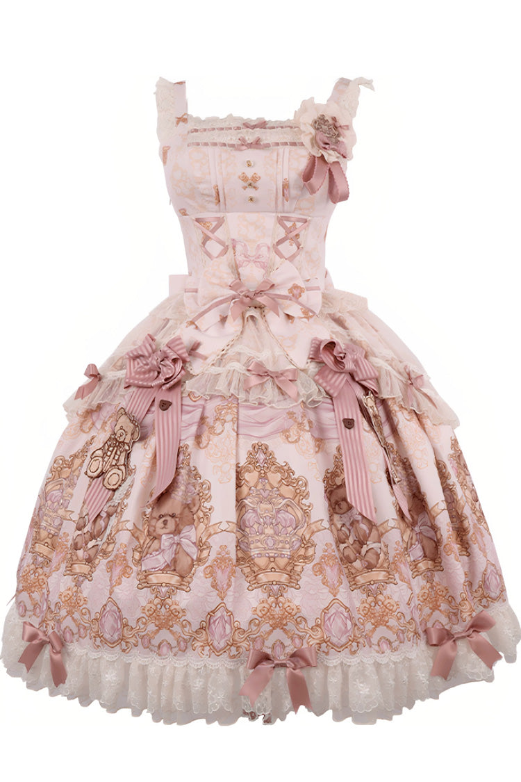 Pink [Antique Teddy Bear] Sleeveless Printed Bow Lace Sweet Elegant Lolita Jsk Dress - Product - 3