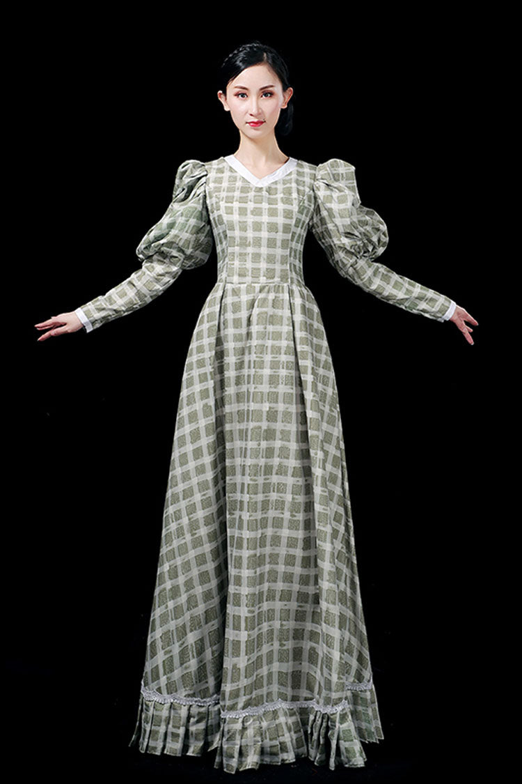 Dark Green Long Sleeves Plaid Print High Waisted Ruffled Victorian Lolita Prom Dress - Product - 3