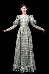 Dark Green Long Sleeves Plaid Print High Waisted Ruffled Victorian Lolita Prom Dress - Product - 3