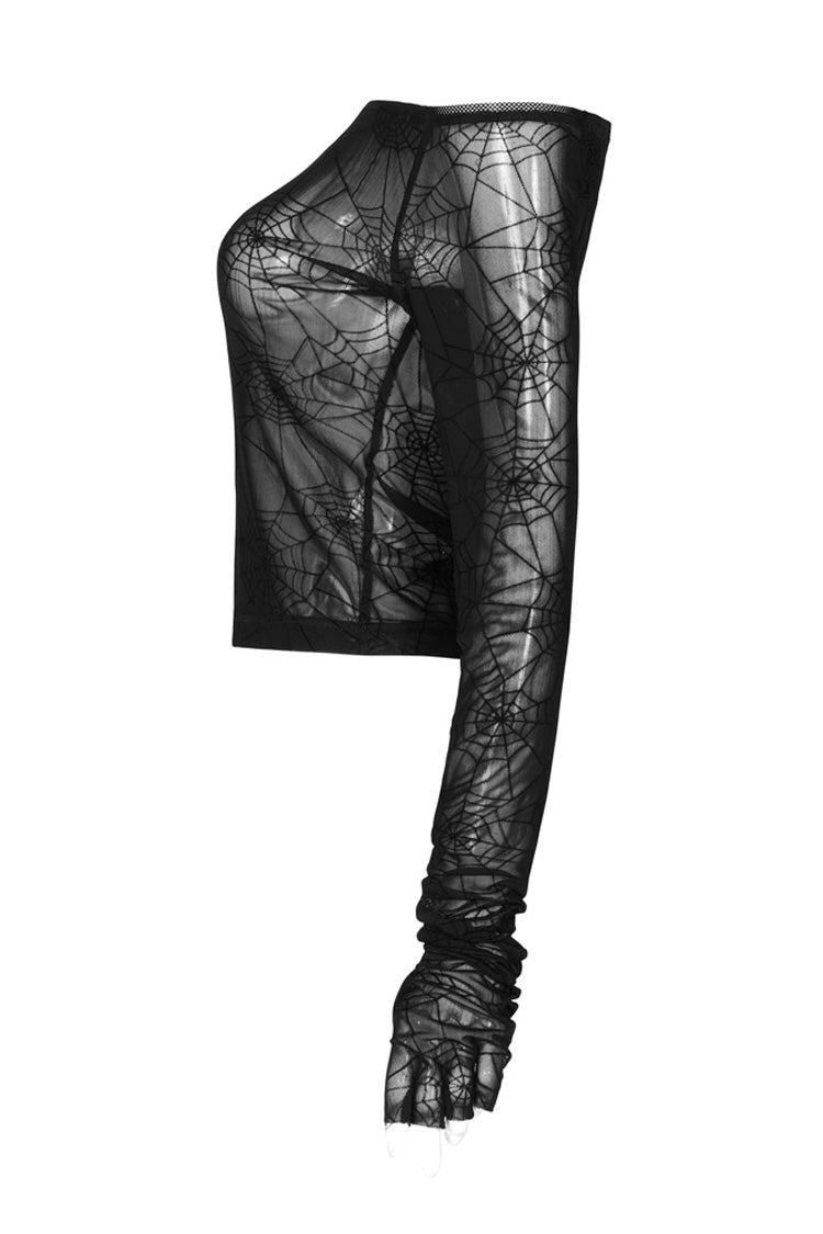 Black Long Sleeve One Word Collar Half Cut Finger Cuffs Tight Velvet Cobweb Prints Women's Punk T-Shirt - Product - 5