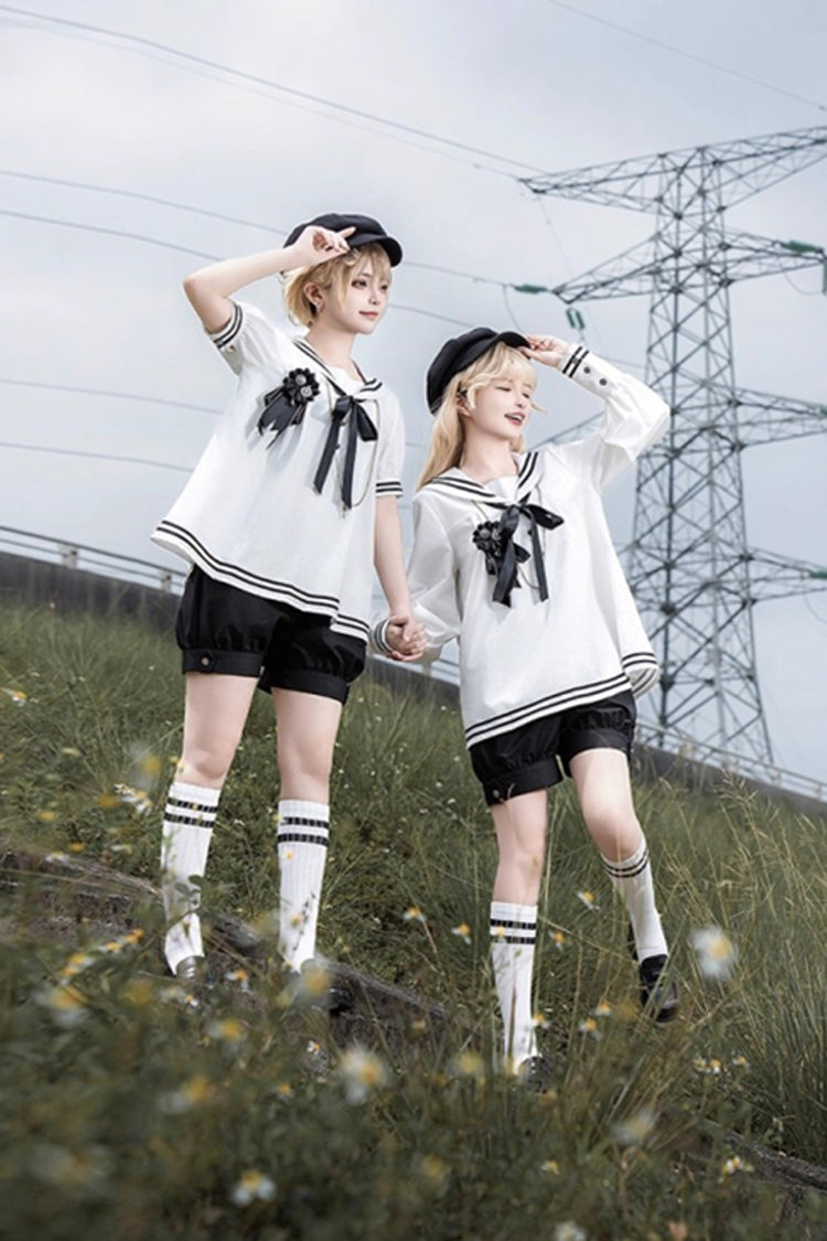 Black/White [Old Stories] Navy Collar Short Sleeves Bowknot Ouji Gothic Lolita Blouse Shorts Set - Product - 4