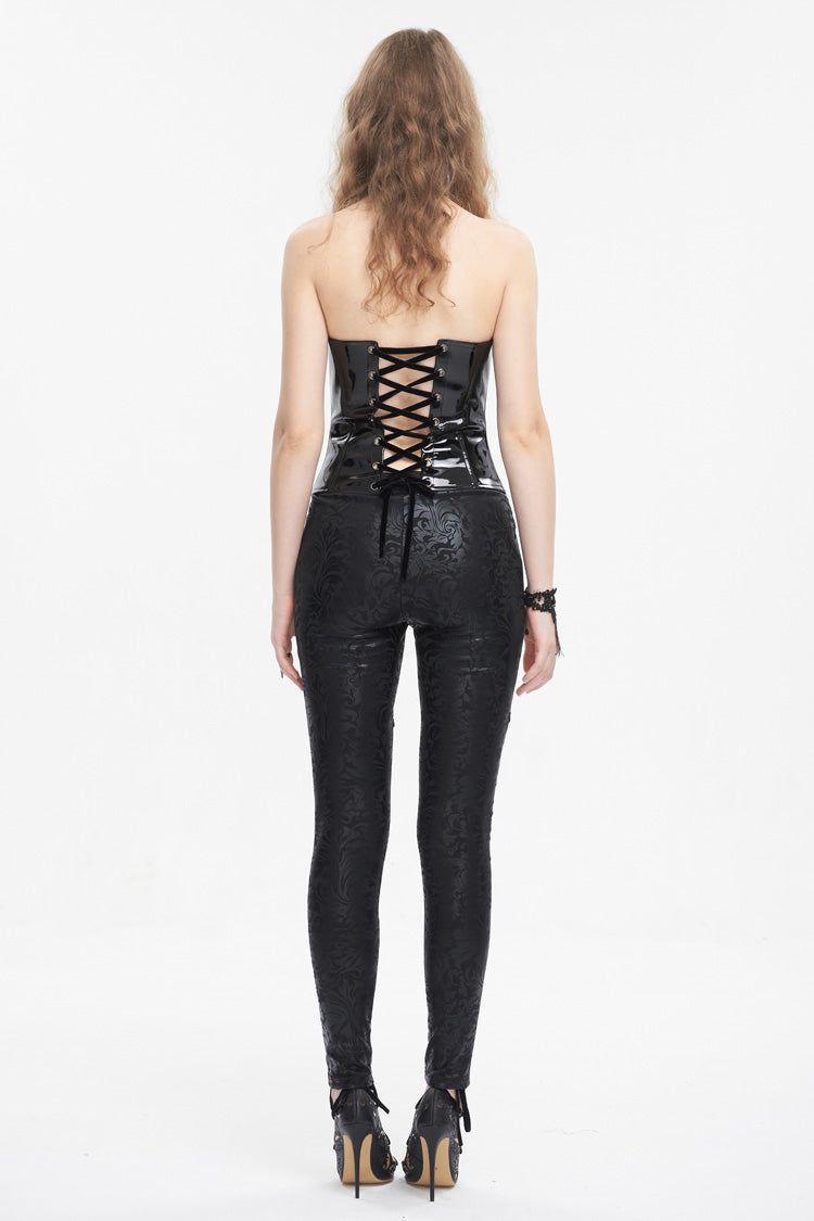 Black Lace Splice Patent Leather Women's Punk Overbust Corset - Product - 6