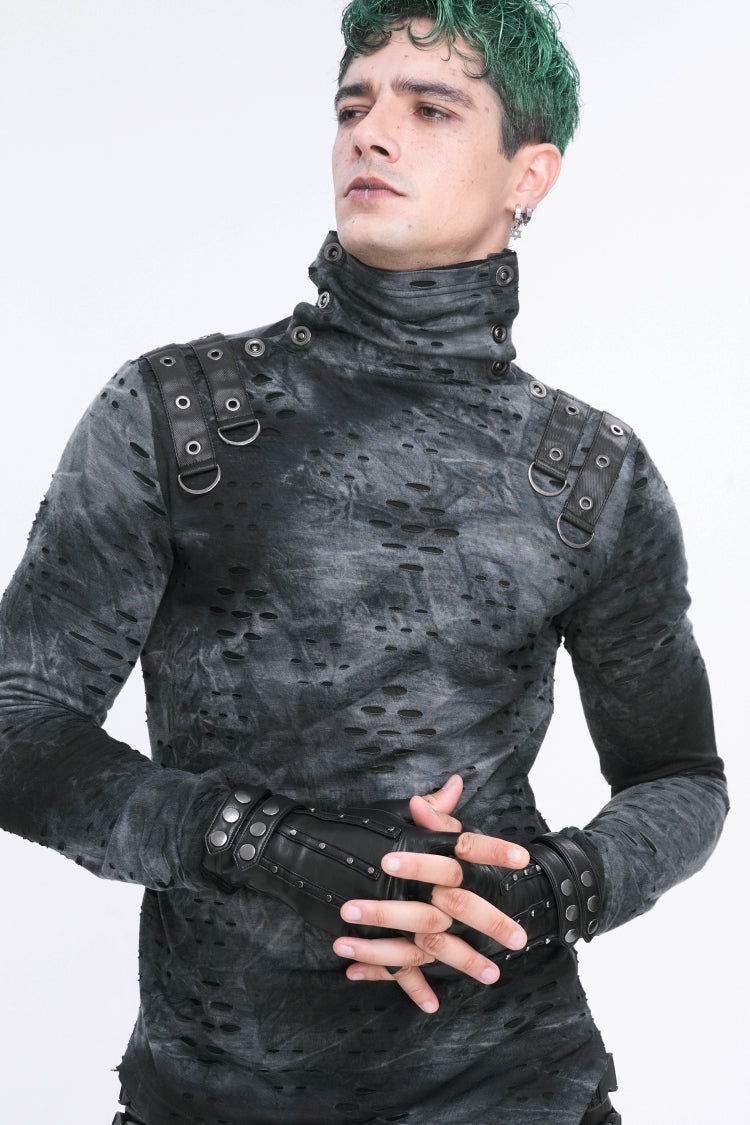 Black Studded Buckled Men's Punk Accessory Faux Leather Half-finger Gloves - Product - 2