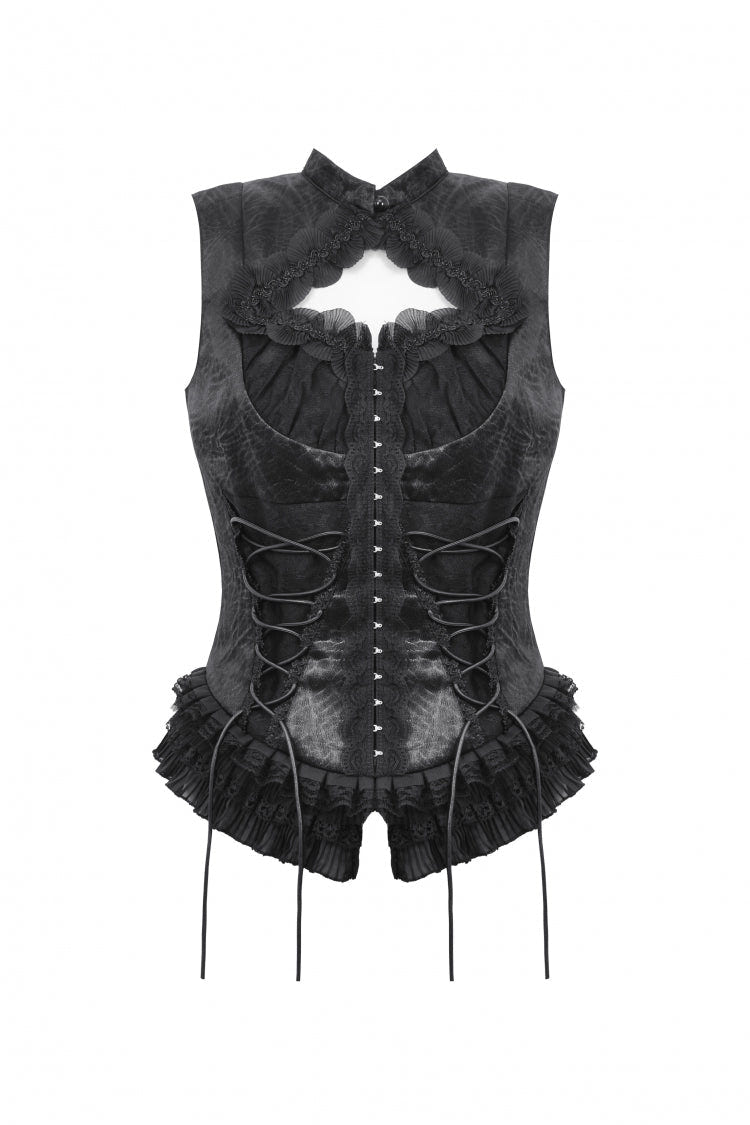 Black Sleeveless Cut-Out Lace Trim Side Lace-Up Women's Gothic Sexy Corset Top - Product - 3
