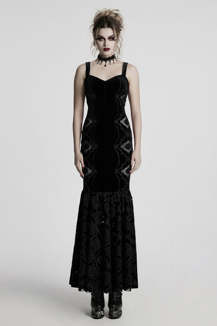 Black Sleeveless Floral Embroidery Women's Gothic Fishtail Slip Dress - Black - 1
