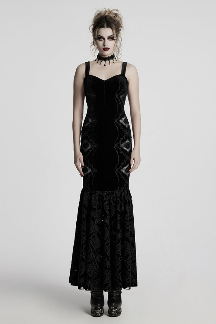 Black Sleeveless Floral Embroidery Women's Gothic Fishtail Slip Dress - Black - 1