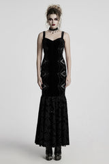 Black Sleeveless Floral Embroidery Women's Gothic Fishtail Slip Dress - Black - 1
