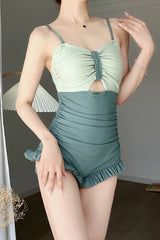 Green Ruffle Color Matching Sweet Lolita One Piece Swimsuit - Product - 3