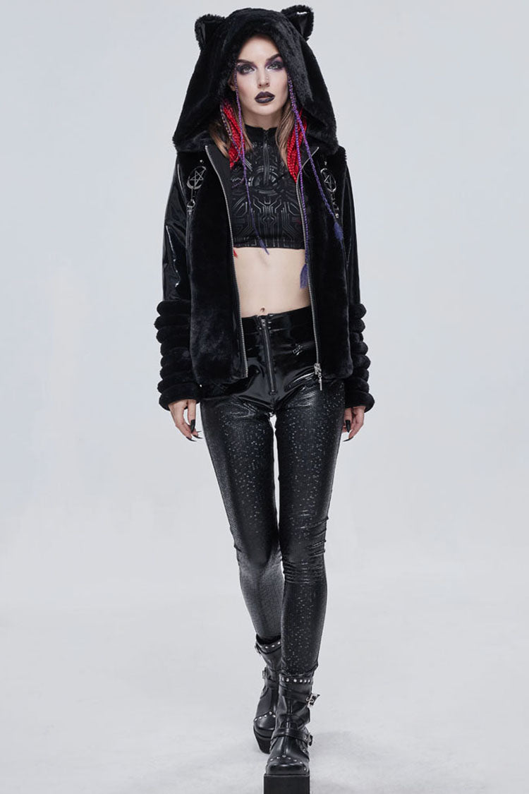 Black Gothic Hexagon Pattern Irregular Star Reflection Shiny Elasticity Leather Women's Leggings - Product - 7