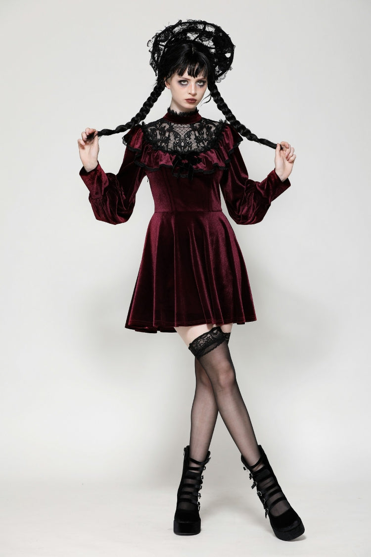 Red Long Sleeves Crochet Velvet Dress Women's Gothic Graduation Dress - Product - 6