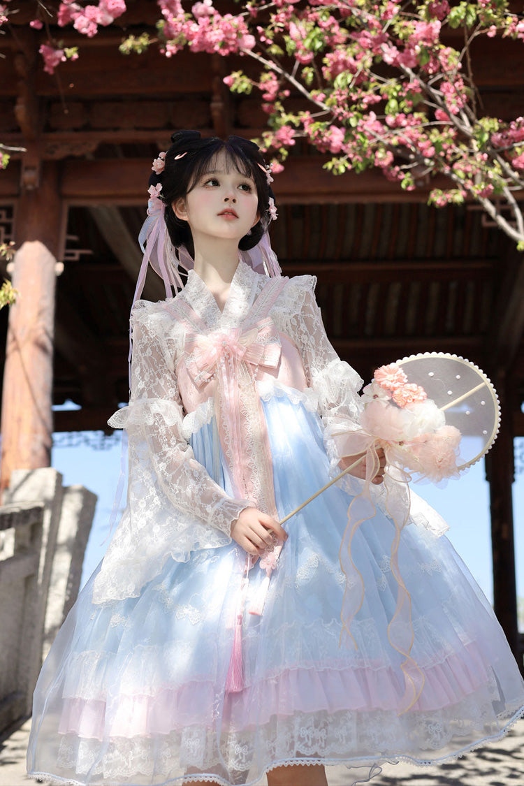 [Peach Blossoms in Spring Fields] Sleeveless Ruffle Bowknot Lace Sweet Chinese Style Lolita Jsk Dress 3 Colors - Product - 23