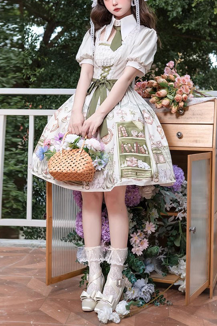 Multi-Color Short Sleeves Arlo's Book House Print Bowknot Sweet Princess Lolita Dress - Multi-Color - 1