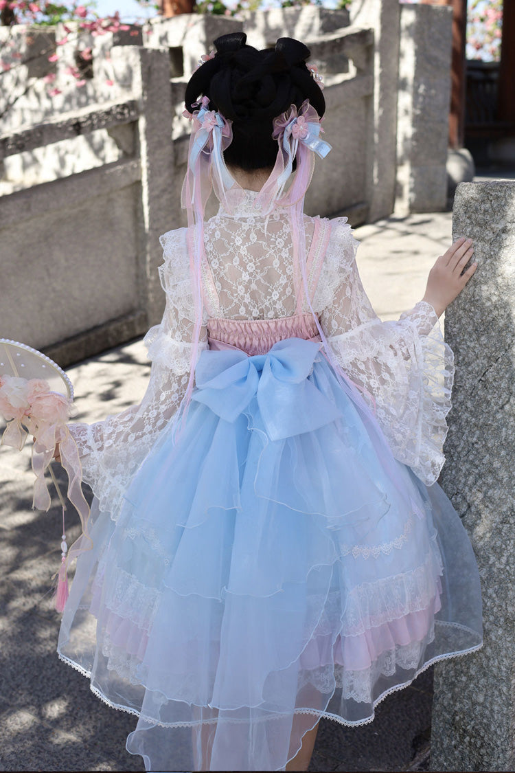 [Peach Blossoms in Spring Fields] Sleeveless Ruffle Bowknot Lace Sweet Chinese Style Lolita Jsk Dress 3 Colors - Product - 3