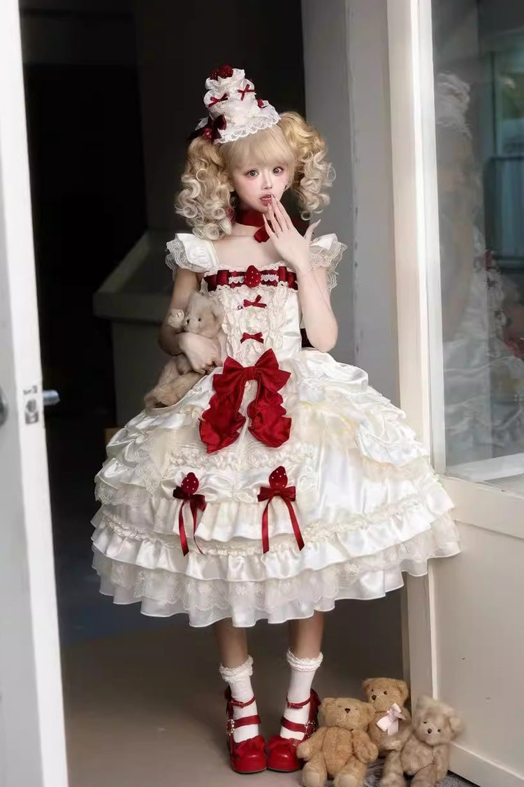 Apricot [Berry Endless] Square Collar Sleeveless Multi-Layered Ruffled Embroidered Bow Lace Sweet Lolita Jsk Dress - Product - 8