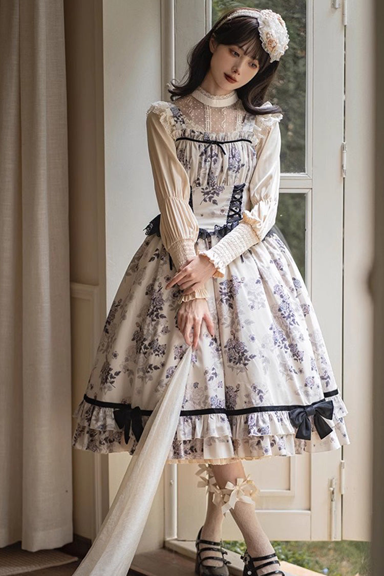 Ivory Rose Print Ruffle Sweet Elegant Princess Lolita Dress - Product - 8