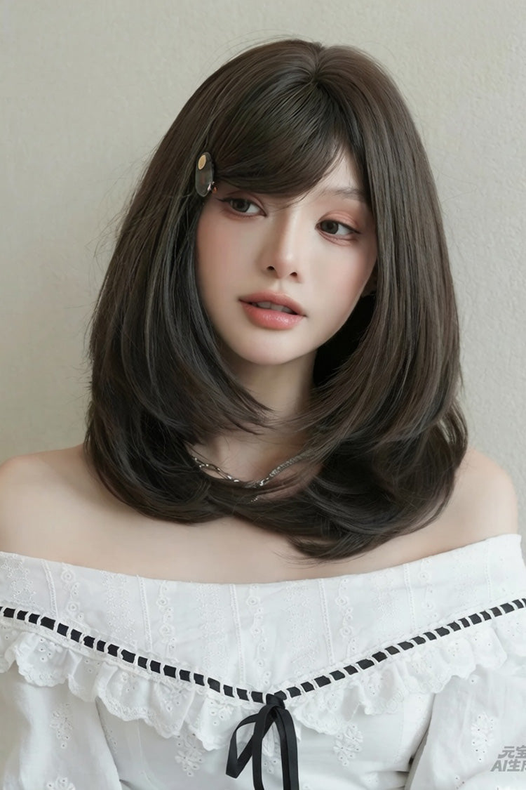 Cool Brown Refined Side-Swept Bangs Multi-Layered Sweet Lolita Shoulder Length Wig - Cool-Brown - 1