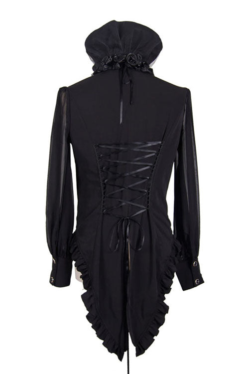 Black High Collar Lace Up Dovetail Hem Mens Gothic Blouse - Product - 7