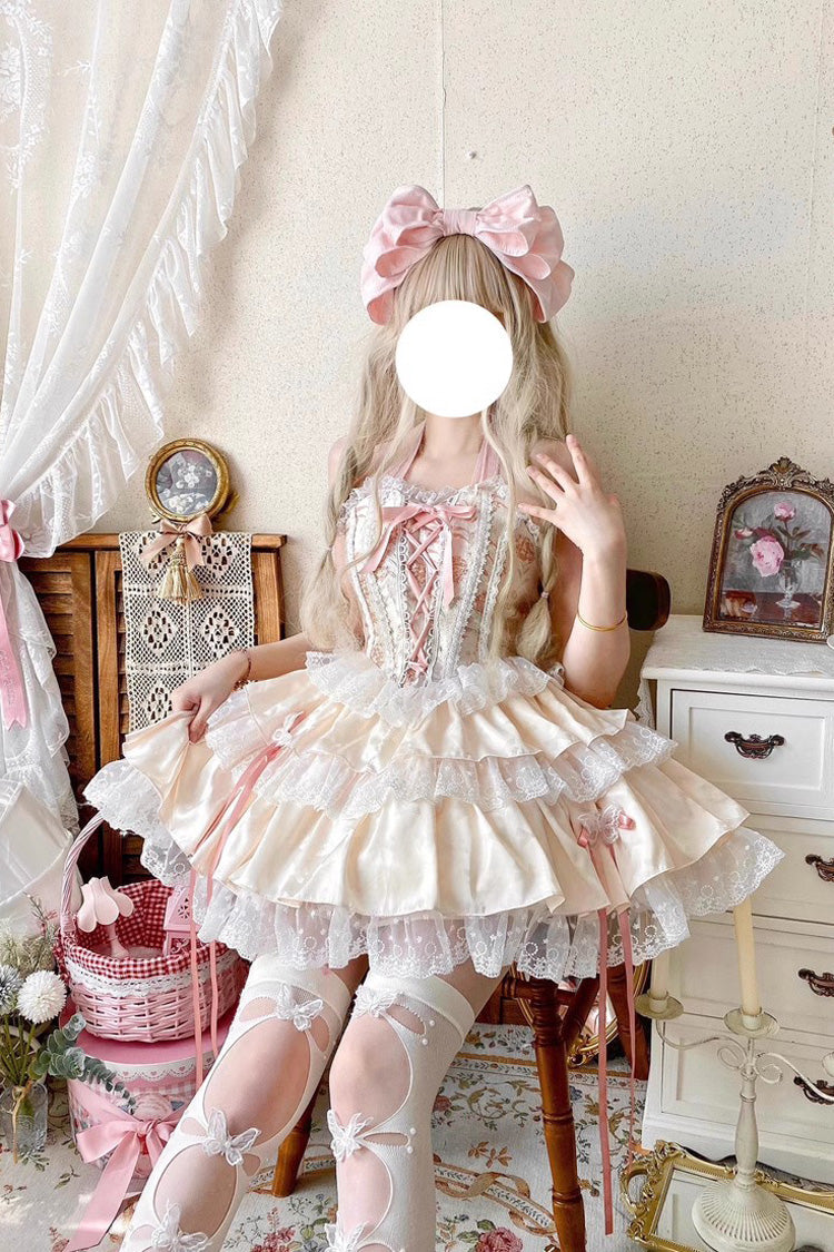 Ballet Style Fishbone Lace Multi-layer Ruffle Bowknot Sweet Lolita Jsk Skirt Set 2 Colors - Product - 4