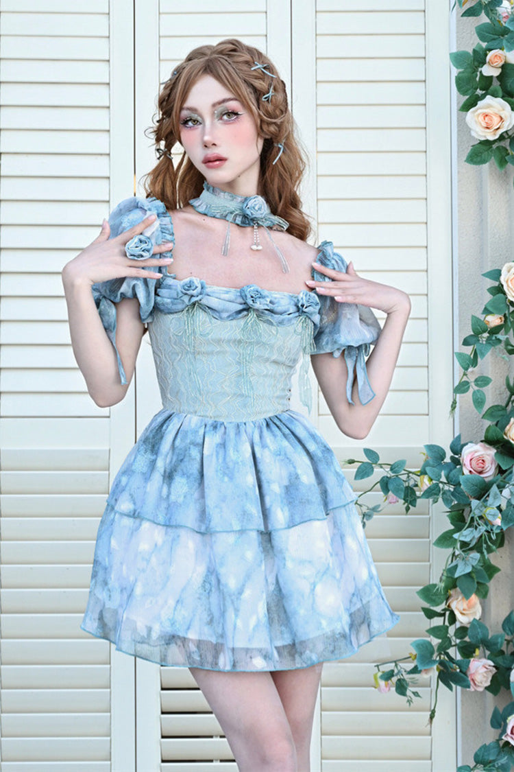Blue Square Collar Short Puff Sleeves Multi-Layered Print Ruffle Bowknot Tie-dyed Sweet Princess Lolita Dress - Product - 6