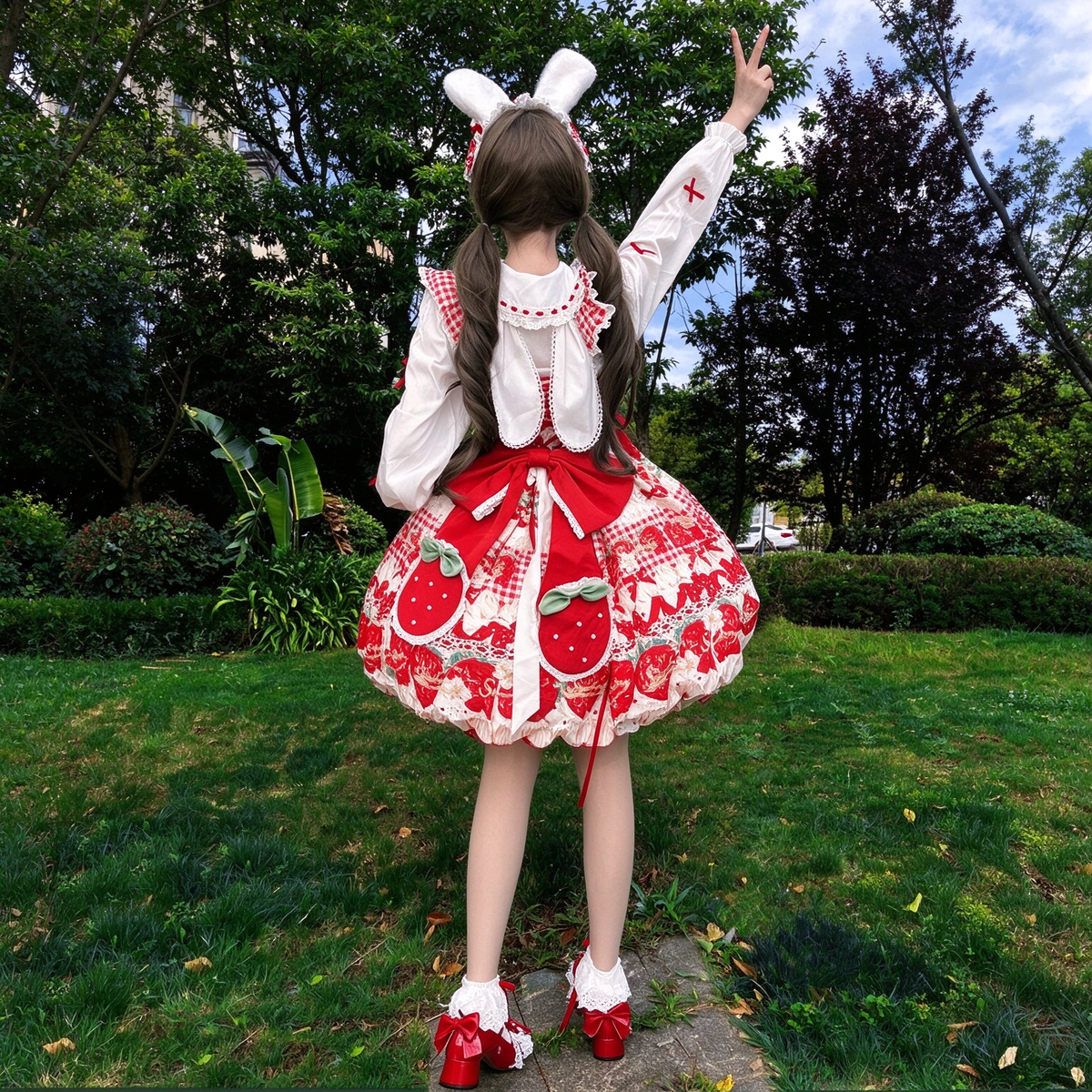 Strawberry Print Ruffled Maid Lolita Dress Set with Apron - view 13