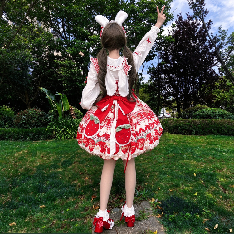 Strawberry Print Ruffled Maid Lolita Dress Set with Apron - view 13
