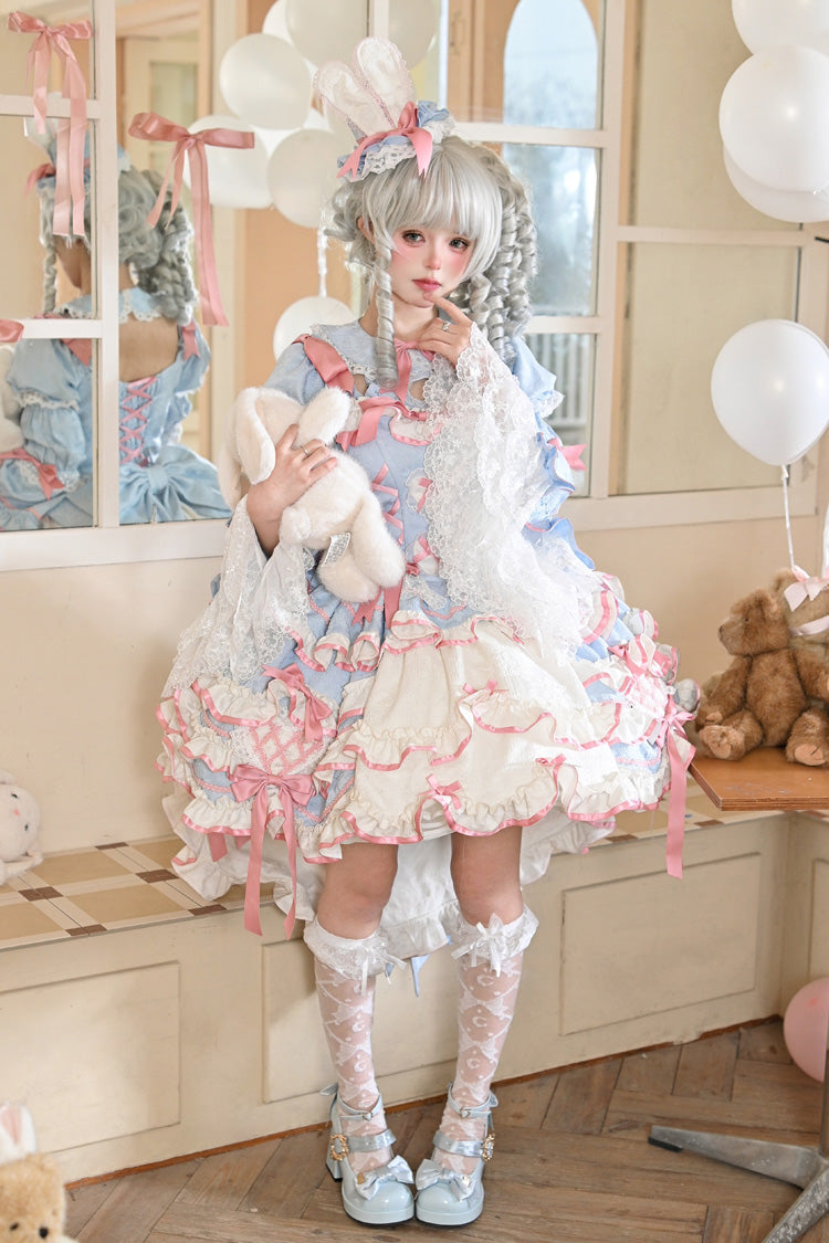 [Bunny Hime] Doll Collar Short Sleeves Multi-Layered Ruffled Bow Sweet Lolita Dress 2 Colors (Blue, Pink) - Product - 14