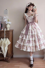 Smoky Purple [Grape Moon Almanac] Sleeveless Multi-Layered Printed Ruffled Bow Adjustable-Length Sweet Lolita Jsk Dress - Product - 2