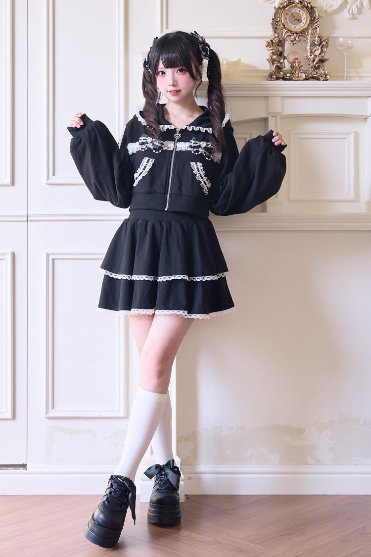 Sweet Long Sleeves Bowknot Lace Hooded Jirai Kei Hoodie Skirt Set 3 Colors - image 6
